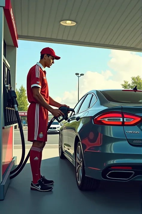 "A realistic illustration of Cristiano Ronaldo working at a gas station, wearing a gas station uniform. Lionel Messi is in his car at the gas pump, while Cristiano Ronaldo is assisting by pumping fuel into Messis car."

Let me know if you need any adjustme...