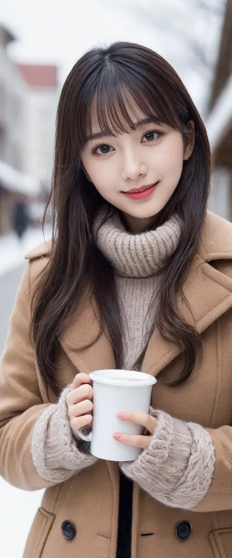 (8k, RAW photo, best quality, masterpiece:1.2), High detail RAW color photo, professional photograph,(a very beautiful and very cute girl), the girl is holding a mug of hot drink in her both hands the girl is wearing woolen gloves, smiling, winter outfit, ...