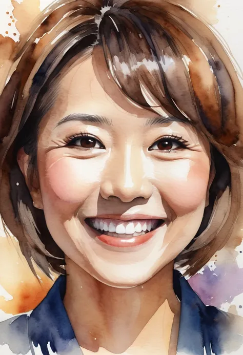 A close-up, abstract watercolor illustration of Ayano Fujisaki, a 48-year-old Japanese idol, radiating a confident, rock-inspired smile. Her round face, taut skin, and warm brown eyes with gentle laugh lines convey energy and warmth. Her refined nose and f...