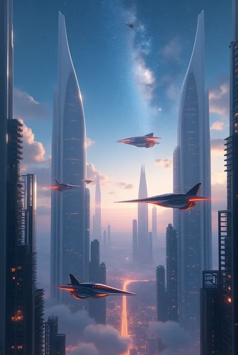 Futuristic city with houses with cars of the future cars flying galactic sky 