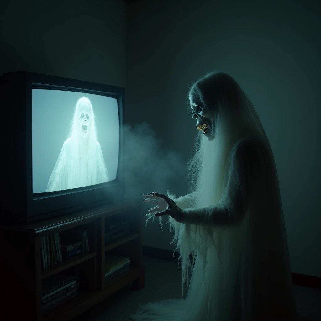 Specter creeping out of the TV, 2005. horror,  supernatural , Room, neutral lighting, terror 