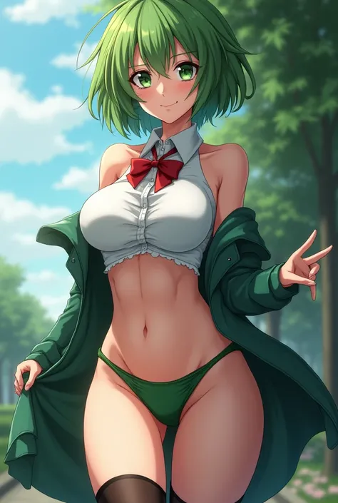  masterpiece ,  The best quality, highres,  The best quality, highres, Rias Gremory, 1 girl,  short hair ,unfastened school uniform, green hair, choke, green eyes, large breasts,  short hair, breasts, skirt, huge choke, garter with stocking,  outdoor , Sta...