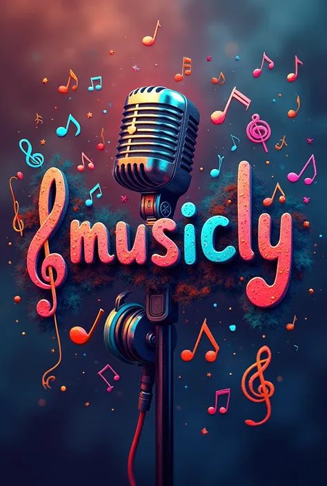 the word "Musicly" made from music notes , the background is filled with mics,headphones, and music notes, 