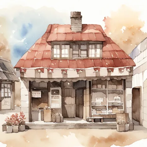 Watercolor,Sepia Tone,One shop,Red roof,chimney, sign in front of the store ,Terrace seats in the store ,One house on the prairie , under the blue sky,