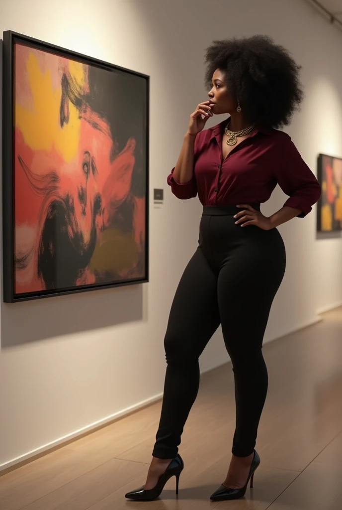 A curvaceous Black woman in a fitted, deep burgundy blouse and a cropped cut, paired with high-waisted black trousers that taper at the ankle. She wears pointed black heels and a gold chain necklace, her hair in natural curls that cascade down her shoulder...