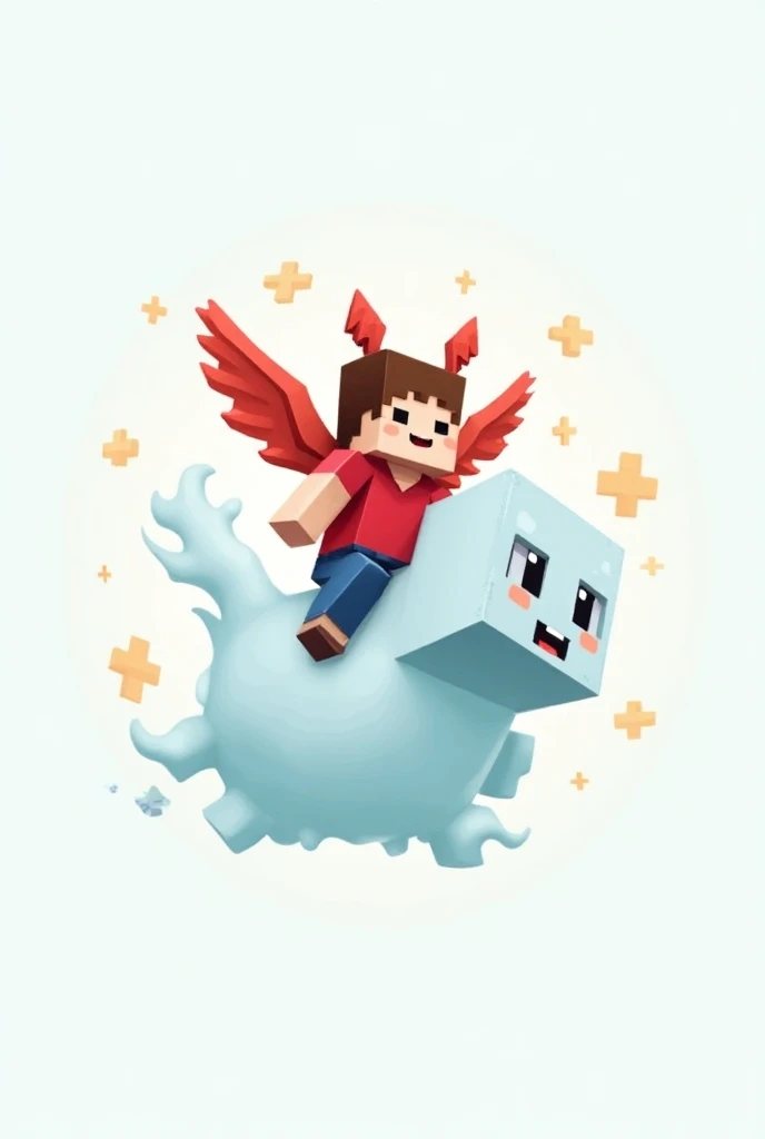 Make a cute Minecraft logo with red shirt and on the head two red wings make better riding on ghost