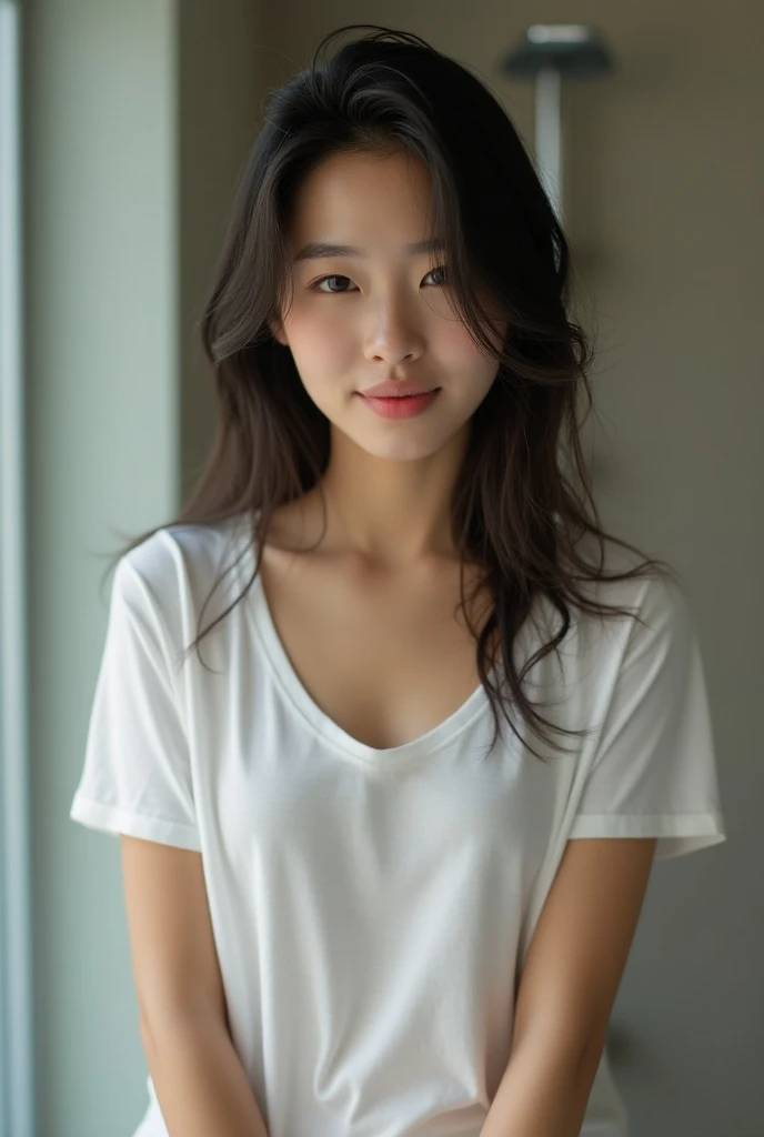 (Best quality, 8k, 32k, Masterpiece, UHD:1.2), NSFW, Korean girl, seductive face, sweating, wet white t-shirt, no bra, indoor, shower, water dripping, front lit, well-lit face, sexy pose, horny looking, wet panties, wet hair