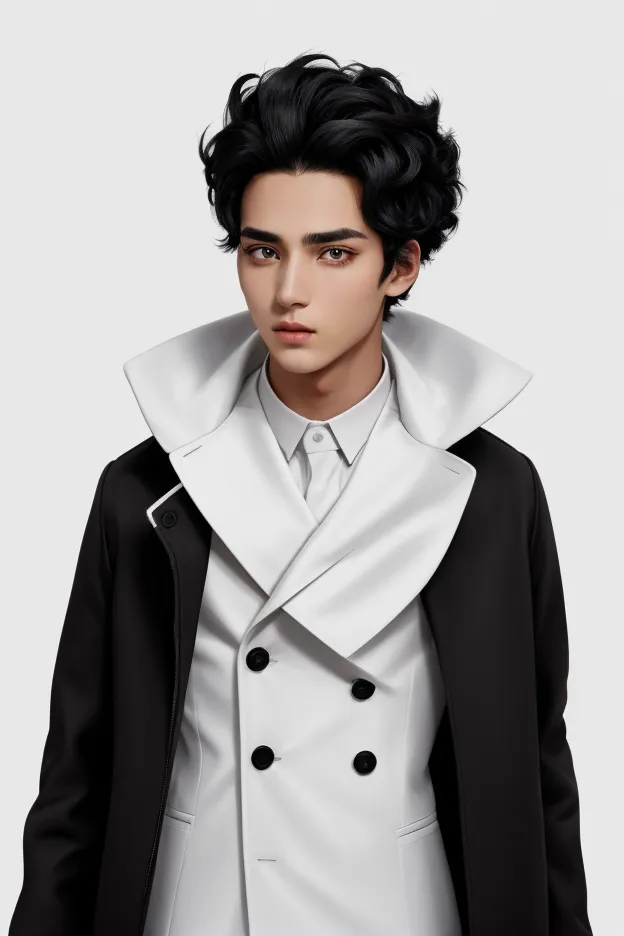 a boy with black hair and a black coat, black hair and beautiful eyes on a white background, a sophisticated modern fashion show...