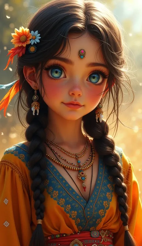 a young gipsy girl in gipsy clothes with weaving long hair and bright blue eyes.