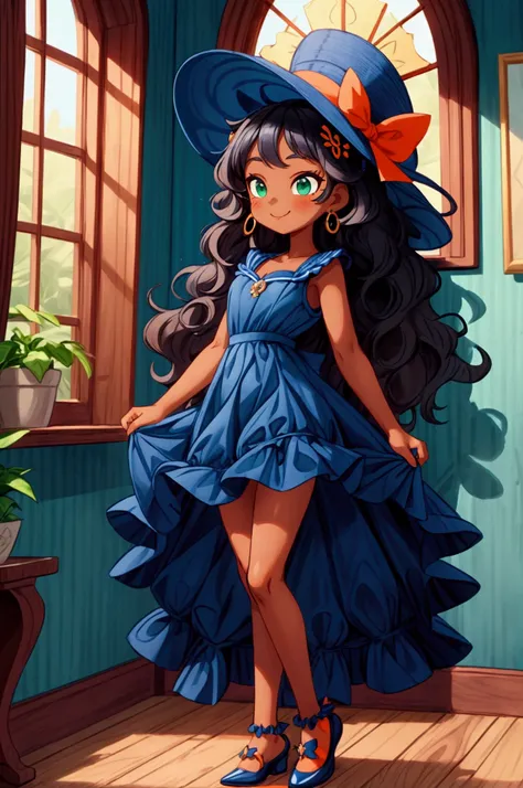 (masterpiece, best quality) standing, indoor, intricate detail, sunlight, navy blue and orange white frilly dress, navy blue shoes, two ponytails black curly and wavy hair, cute hat, green eyes, dark skin, smiley, sexy pose, coquette, gorgeous legs, mature...