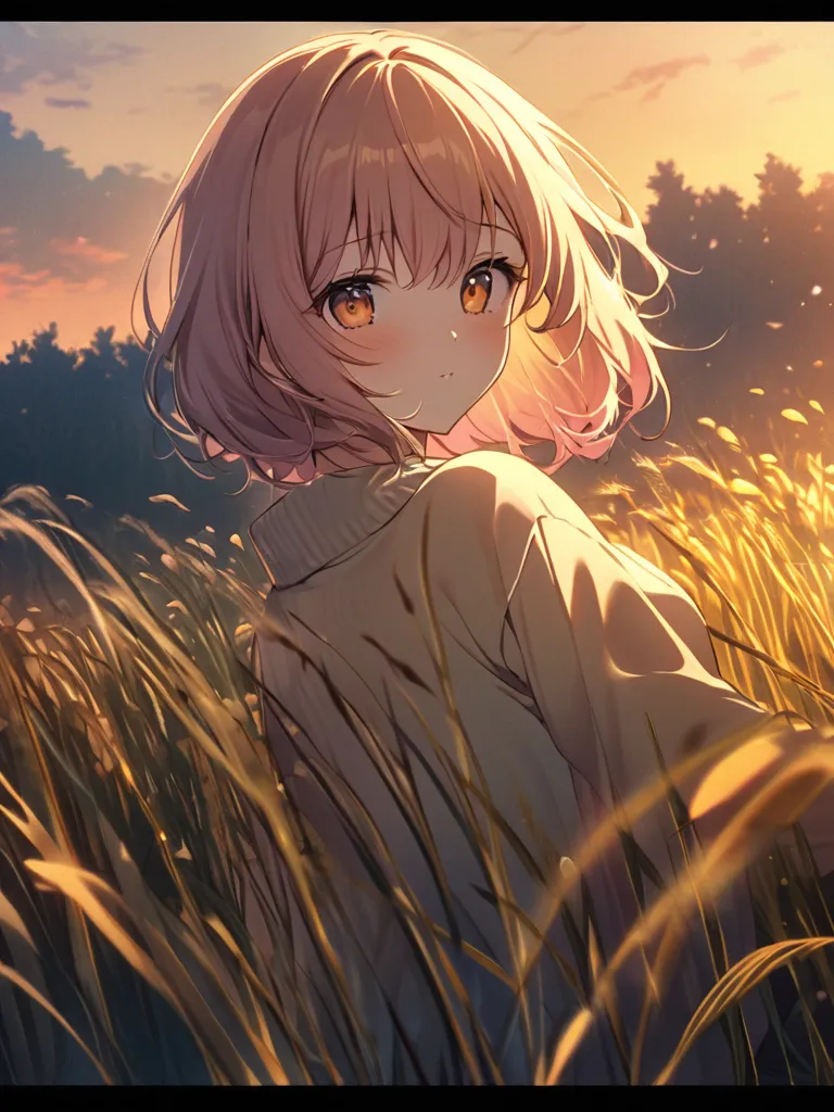 "A heartwarming sight of a girl from her position, Around 2 o&#39;clock, Lush, A golden field at dusk. The girl is turned away from the viewer, With your arms wide open, She is embracing the natural beauty around her. The sky is painted in gentle colors, W...