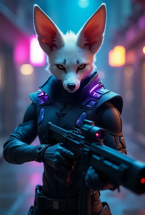 Humanoid male Fennec fox with large, expressive ears in a futuristic style. He is positioned sideways, holding a machine gun in one hand, showing a posture of confidence and readiness for battle. His face has sharp, expressive eyes that convey charisma and...