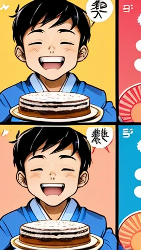 Japanese Manga、  Boy talking about gifts    、  、     four-frame comic depicting presents   、   delicious cake dish as a present、     happy face、     your smile is cute    、    Boy talking about cake     、