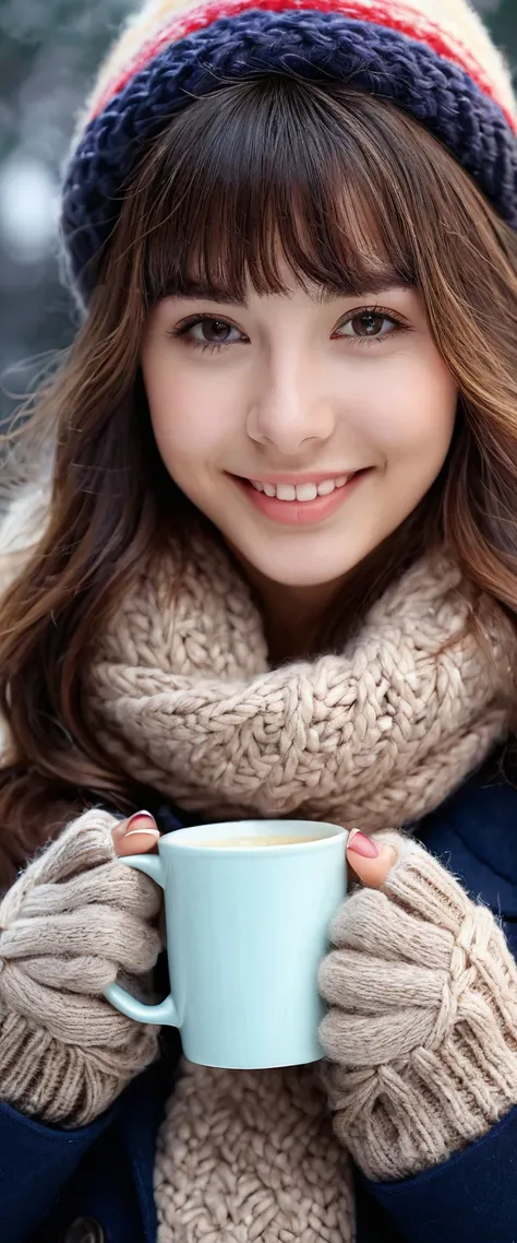 (8k, RAW photo, best quality, masterpiece:1.2), High detail RAW color photo, professional photograph,(a very beautiful and very cute girl), the girl is holding a mug of hot drink in her both hands the girl is wearing woolen gloves, smiling, winter outfit, ...