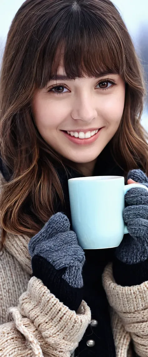 (8k, RAW photo, best quality, masterpiece:1.2), High detail RAW color photo, professional photograph,(a very beautiful and very cute girl), the girl is holding a mug of hot drink in her both hands the girl is wearing woolen gloves, smiling, winter outfit, ...