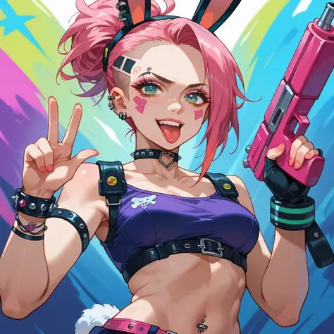 sexy girl, score_9, score_8_up, score_7_up, "Create a vibrant digital cartoon illustration of a rebellious young woman with a shaved head and pink-tipped tufts, wearing punk and cyberpunk-inspired accessories. She has facial tattoos, piercings, and a misch...