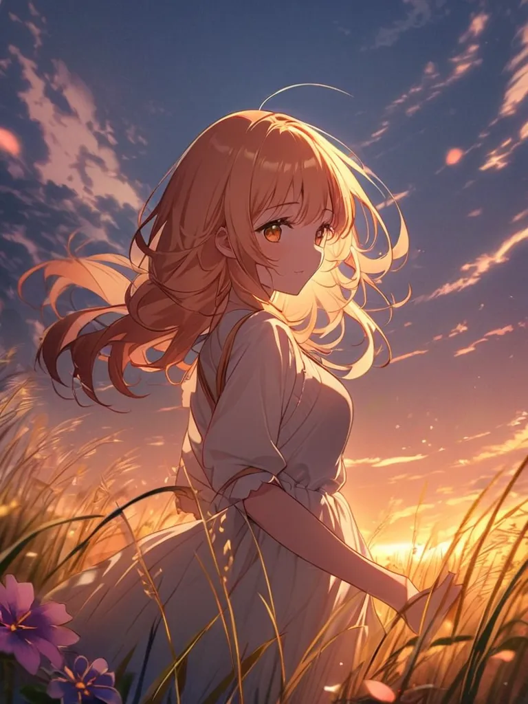 "a heartwarming sight of a girl from her position, around 2 o&#39;clock, lush, a golden field at dusk. the girl is turned away f...