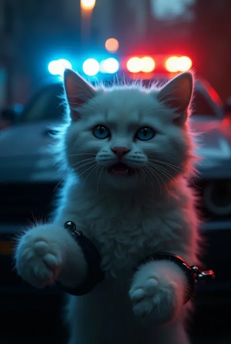 A curly hair, blue flashing eyes and white colour cat"cat was handcuffed and led into the police car, tears streaming down her face as she begged for another chance."

