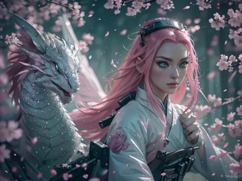 a woman with long pink hair and bright green eyes surrounded by cherry blossom trees, in front of a white dragon, green eyes, an...