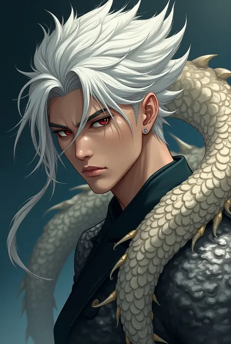 Anime art of a handsome white haired Chinese guy half a dragon
