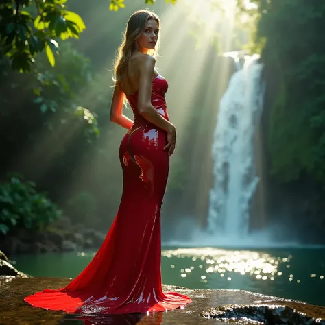 Stunning award-winning image of a woman in a vibrant red latex gown, standing on the edge of a rainforest waterfall in a tropical setting. The latex dress clings to her form with a high gloss finish, reflecting the lush green surroundings and the sunlight ...