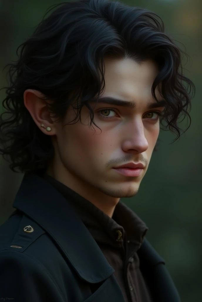 A young elf with dark wavy hair, his face  handsome and masculine bears solenity and seriousness. He seems wise, profound sadness in his eyes. No beard. 