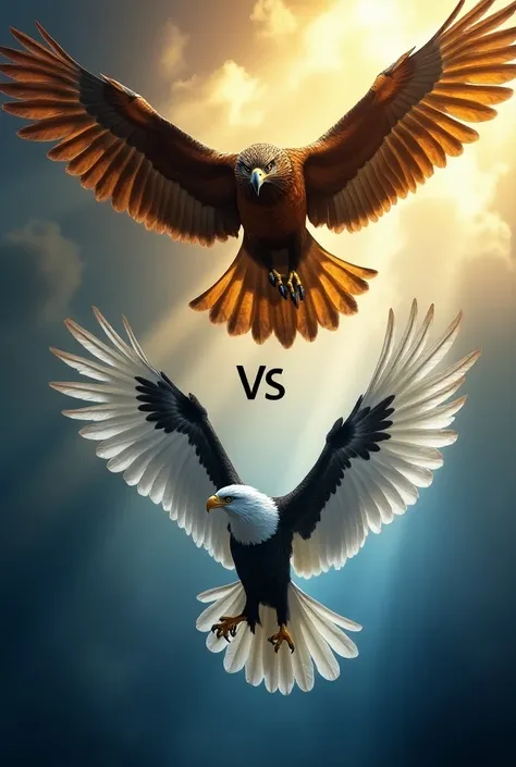 Two fierce birds of prey in an epic showdown; at the top, a massive golden eagle with its wings spread wide, showcasing intricate feather details and fierce, penetrating eyes. The background is a dramatic sky filled with dark clouds and rays of sunlight br...