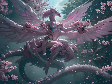 a woman with long pink hair and bright green eyes surrounded by cherry blossom trees, in front of a white dragon, green eyes, an...