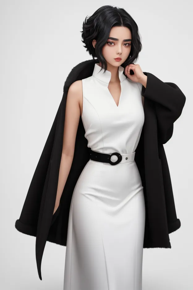 a girl with black hair and a black coat, black hair and beautiful eyes on a white background, a sophisticated modern fashion sho...