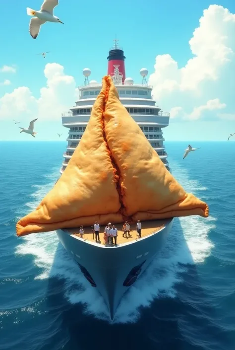 Generate a large size samosa.ditails smosa on the a big ship in sea.