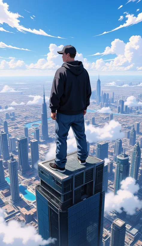  A man dressed in hip-hop style on top of a skyscraper,  looking down the city of Dubai , clouds passing by .
aerial view. 
anime style 32K, HDR, UHD, intricate detail, extremely intricate detail, hyperrealistic, extremely realistic, high quality, vivid co...