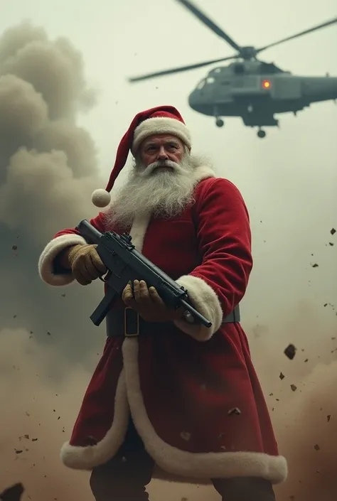 Sancta claus with gun background dust and helicopter somky