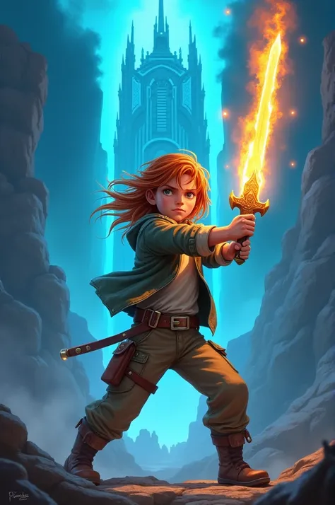 Create a boy with long wavy hair in an adventurers outfit in a fighting position with a flaming sword in front of a glowing blue tower