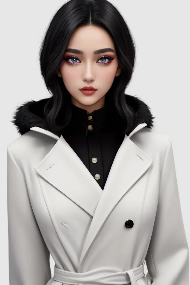 a girl with black hair and a black coat, a beautiful face with concentrated makeup and beautiful eyes on a white background, a s...