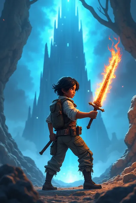 Create a wavy haired black boy in an adventurers outfit in a fighting position with a flaming sword in front of a glowing blue tower