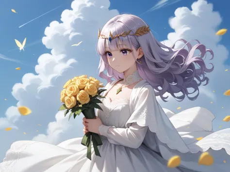 1girl, solo, wavy hair, side bangs, silver hair, long sleeves, gown, circlet, ribbon, holding, fairy ears, floating, closed mout...