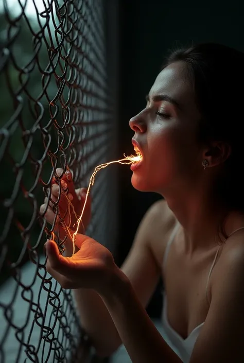 A hot sweaty girl kisses an electric metal shiny wet fence on bed. She is heavily electrocuted by the fence