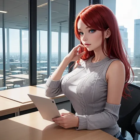 Woman sitting on the table in a modern office, big breasts, redhead, blue eyes, transparent sweater, sleeveless, small chin, skyscraper, huge windows
