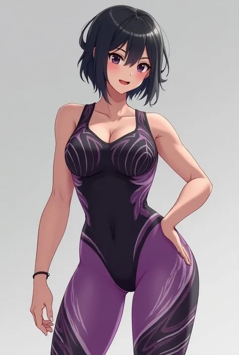 An adult heroine, slightly overweight, with black eyes, short, loose hair., wearing an artistic gymnastics outfit in shades of purple and black that covers her entire anime-style body.