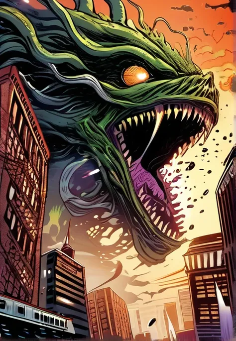 A jaw-dropping illustration of an epic space battle, with a massive alien monster looming ominously over New York City. The creature has multiple tentacles and a sinister grin, surrounded by a chaotic whirlwind of cosmic energy. The city skyline is in disa...