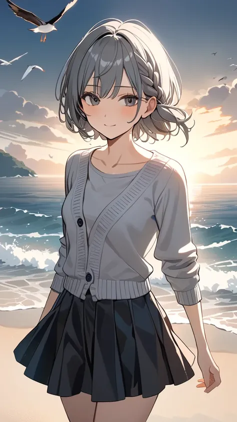 1 girl, ( cute face), braid hair, short hair,  calm expression ,  lightweight cardigan, ensemble knit, bustle skirt, Small breasts,  Natural Posture , 潤いのある肌  
break, Cloudy Sea , (Soft Light:1.3),  Shades of Grey ,  Quiet Atmosphere , break, Water&#39;s E...