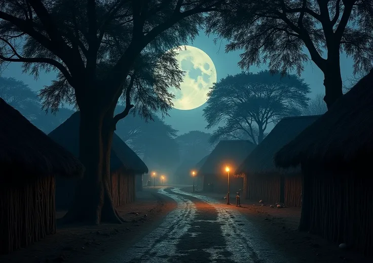 A moonlit dirt path winding through a quiet Yoruba village. Shadows from large trees and huts stretch across the ground. The scene has an eerie atmosphere, with the faint glow of distant torches casting long shadows. The village looks both ancient and aliv...