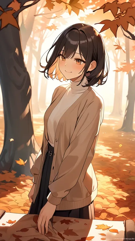 1 girl, ( cute face), smile,  medium hair,  hair fluttering like the wind,  long sleeve cardigan,  turtleneck blouse, Flared skirt,  medium chest,  Calm Posture , 温もりのある肌  
break, Autumn evening, (Warm Light:1.2),  Golden Hues ,  heartwarming atmosphere , ...