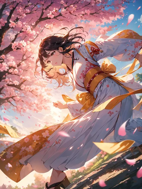 A beautiful woman in a vibrant kimono performs a sword dance under a cherry blossom tree in full bloom, The blade of the katana shining in the sunlight, cherry blossom petals swirling in the wind, ethereal atmosphere, graceful movement, traditional Japanes...