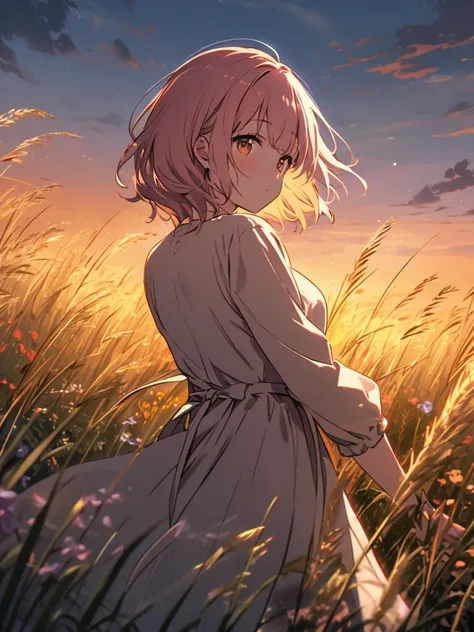 "A heartwarming sight of a girl from her position, Around 2 o&#39;clock, Lush, A golden field at dusk. The girl is turned away from the viewer, With your arms wide open, She is embracing the natural beauty around her. The sky is painted in gentle colors, W...