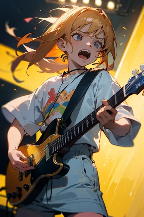 ((best quality)), ((masterpiece)), (detailed), anime rockstar, baby playing guitar, screaming, flashing lights