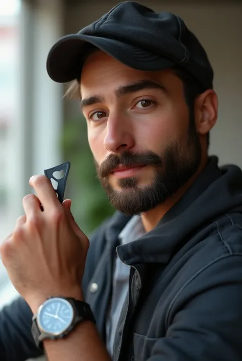 "A handsome young man with a beard, wearing a cap. He has a watch on one wrist and is holding a paper cutter in the other hand. The scene is casual, with the young man in a relaxed, modern style. Set against a simple or outdoor background, with realistic l...