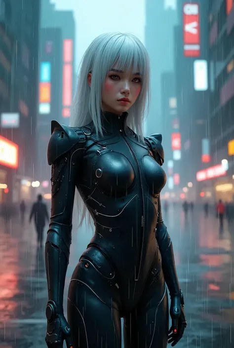 cyber woman in a futuristic suit standing in the rain, cybersuit, cyberpunk suit, hyper-realistic cyberpunk style, cyberpunk art style, cyberpunk 2 0 y. o model girl, cyberpunk vibes, cyborg - girl with silver hair, cyberpunk futuristic, cyberpunk girl, cy...