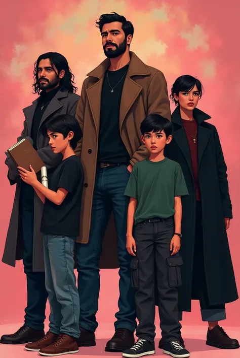 Man in black hair and short beard wore long brown coat standing in centre, young gen-z woman in black jerkin and jeans holding a book, young man with grown black hair and short beard wore jeans jerkin and black pant holding a rolled papa , techy teenage  f...