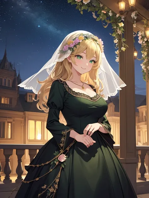 masterpiece, Best Quality,(((( depicts only 1 person)))),((( a short veil with flower decorations ))),(( is wearing a black dress adorned with bird hair ornaments,Tall woman)), (huge breasts), Bust-length blonde ,wavy hair,Pale skin, happy smile ,(((Green ...